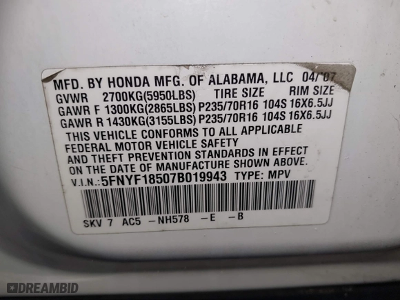 2007 Honda Pilot EX-L with VIN 5FNYF18507B019943, listed as a IAAI auction lot 41986403 with 179,379 mi miles. Bid and sale history available at carsss.com. Image 9.