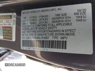 2021 Acura RDX Technology with VIN 5J8TC1H50ML003867, listed as a IAAI auction lot 42150473 with 55,426 mi miles and . Bid and sale history available at DreamBid. Image 9.