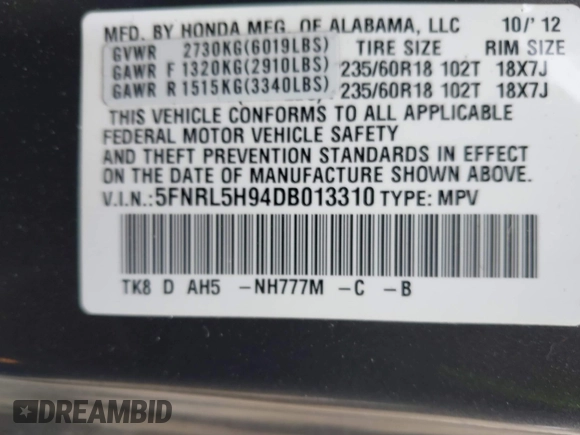 2013 Honda Odyssey Touring with VIN 5FNRL5H94DB013310, listed as a IAAI auction lot 42079565 with 128,622 mi miles and . Bid and sale history available at carsss.com. Image 9.