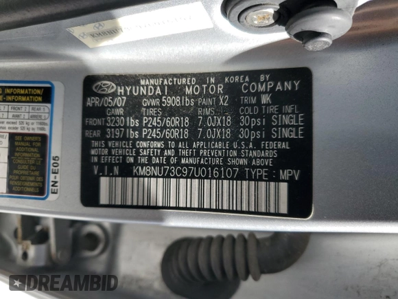 2007 Hyundai Veracruz GLS with VIN KM8NU73C97U016107, listed as a Copart auction lot 45906725 with 195,388 mi miles and Clean Title. Bid and sale history available at DreamBid. Image 13.