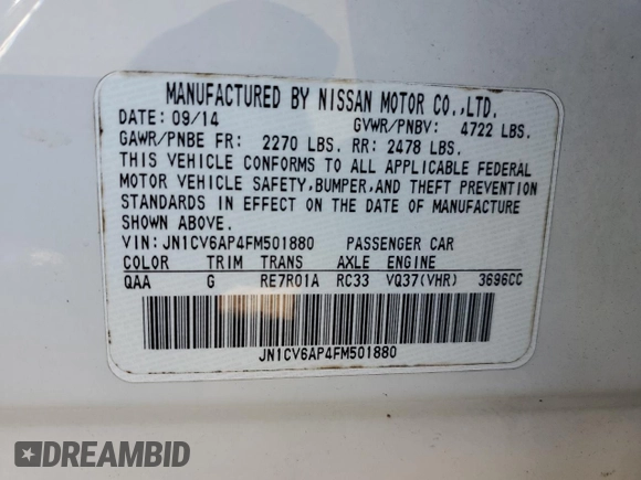 2015 Infiniti Q40 with VIN JN1CV6AP4FM501880, listed as a Copart auction lot 85672324 with 114,221 mi miles and Salvage Title. Bid and sale history available at carsss.com. Image 13.