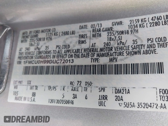 2013 Ford Escape SEL with VIN 1FMCU0H99DUC72013, listed as a IAAI auction lot 41952599 with 177,081 mi miles. Bid and sale history available at carsss.com. Image 9.