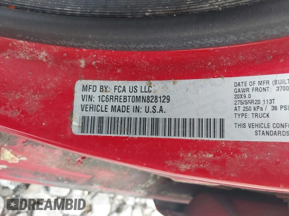 2021 Ram 1500 Lone Star z VIN 1C6RREBT0MN828129, wystawiony jako IAAI lot #42268306 z przebiegiem 105 958 mil mil oraz . Historia ofert i sprzedaży dostępna na DreamBid. Obrazek 9.