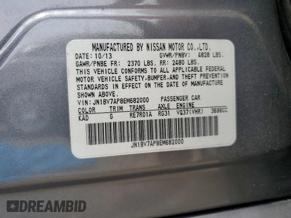 2014 Infiniti Q50 Premium with VIN JN1BV7AP8EM682000, listed as a Copart auction lot 53619995 with 117,515 mi miles and Salvage title. Bid and sale history available at DreamBid. Image 12.