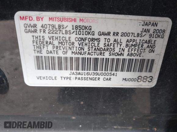 2009 Mitsubishi Lancer DE with VIN JA3AU16U39U000541, listed as a IAAI auction lot 41388897 with 226,951 mi miles. Bid and sale history available at carsss.com. Image 9.