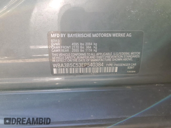 2014 BMW 3 Series 328i xDrive with VIN WBA3B5C53EP540384, listed as a Copart auction lot 53364115 with 147,149 mi miles and Non Repairable. Bid and sale history available at carsss.com. Image 12.