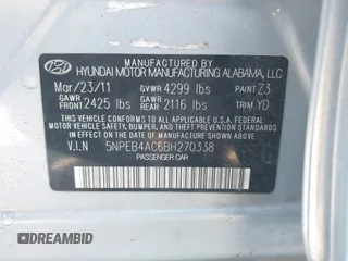 2011 Hyundai Sonata GLS with VIN 5NPEB4AC6BH270338, listed as a IAAI auction lot 42065801 with 154,290 mi miles and . Bid and sale history available at carsss.com. Image 9.