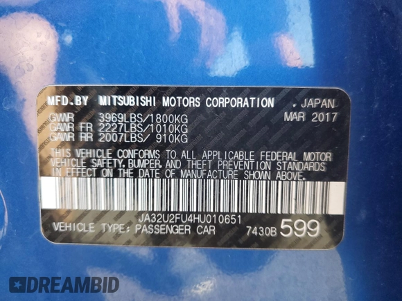 2017 Mitsubishi Lancer ES with VIN JA32U2FU4HU010651, listed as a Copart auction lot 70334394 with 56,252 mi miles and Salvage Title. Bid and sale history available at DreamBid. Image 13.