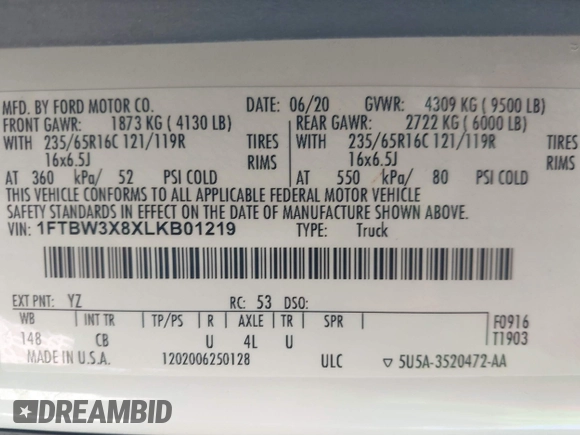 2020 Ford Transit Cargo with VIN 1FTBW3X8XLKB01219, listed as a IAAI auction lot 40268320 with 53,863 mi miles and . Bid and sale history available at DreamBid. Image 9.