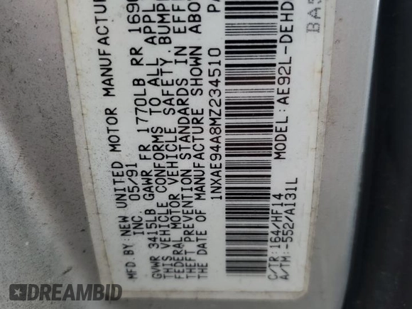 1991 Toyota Corolla z VIN 1NXAE94A8MZ234510, wystawiony jako Copart lot #75002404 z przebiegiem 188 051 mil mil oraz Szkoda całkowita • Salvage title. Historia ofert i sprzedaży dostępna na DreamBid. Obrazek 12.