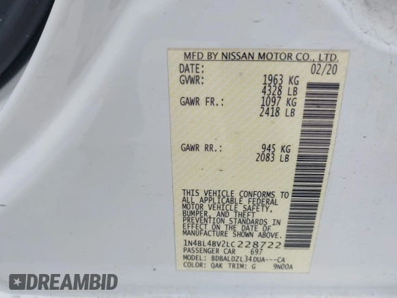 2020 Nissan Altima S z VIN 1N4BL4BV2LC228722, wystawiony jako IAAI lot #41638753 z przebiegiem 164 716 mil mil oraz . Historia ofert i sprzedaży dostępna na DreamBid. Obrazek 9.