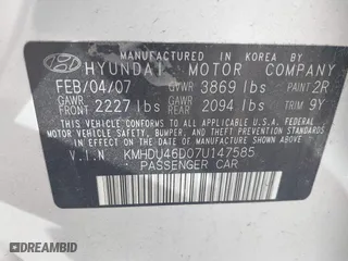 2007 Hyundai Elantra GLS with VIN KMHDU46D07U147585, listed as a IAAI auction lot 41788168 with 131,569 mi miles. Bid and sale history available at carsss.com. Image 9.