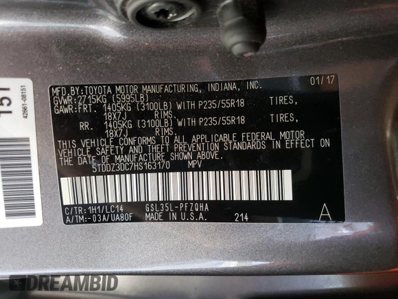 2017 Toyota Sienna XLE z VIN 5TDDZ3DC7HS163170, wystawiony jako Copart lot #86436534 z przebiegiem 84 446 mil mil oraz Szkoda całkowita • Salvage title. Historia ofert i sprzedaży dostępna na DreamBid. Obrazek 14.