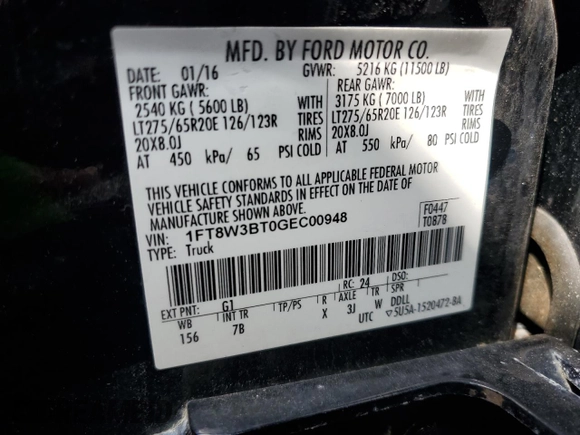 2016 Ford F-350 Platinum z VIN 1FT8W3BT0GEC00948, wystawiony jako Copart lot #64653455 z przebiegiem 110 789 mil mil oraz Szkoda całkowita • Salvage title. Historia ofert i sprzedaży dostępna na DreamBid. Obrazek 12.