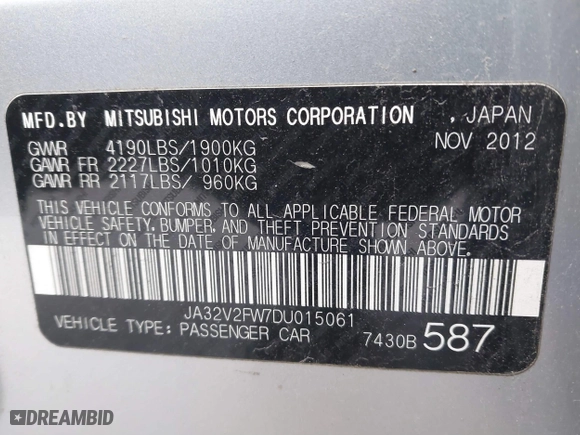 2013 Mitsubishi Lancer SE with VIN JA32V2FW7DU015061, listed as a IAAI auction lot 41863621 with 141,315 mi miles. Bid and sale history available at carsss.com. Image 9.