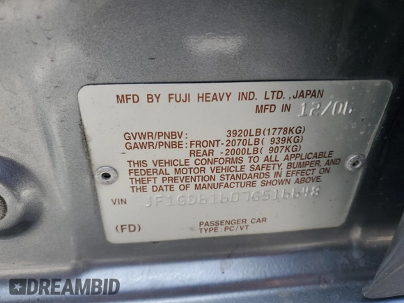 2007 Subaru Impreza i z VIN JF1GD61607G516648, wystawiony jako Copart lot #56343945 z przebiegiem 171 883 mil mil oraz Szkoda całkowita • Salvage title. Historia ofert i sprzedaży dostępna na DreamBid. Obrazek 12.