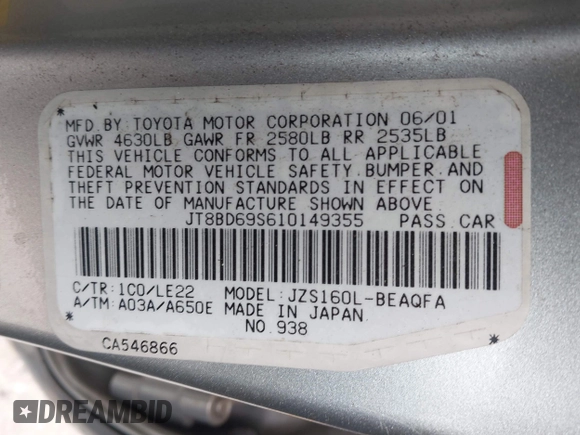 2001 Lexus GS 300 with VIN JT8BD69S610149355, listed as a IAAI auction lot 42005608 with 330,157 mi miles and . Bid and sale history available at DreamBid. Image 9.