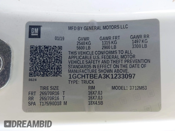 2019 Chevrolet Colorado 4WD Work Truck z VIN 1GCHTBEA3K1233097, wystawiony jako IAAI lot #41667849 z przebiegiem 107 720 mil mil oraz . Historia ofert i sprzedaży dostępna na DreamBid. Obrazek 9.