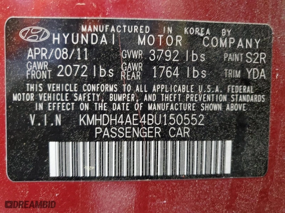 2011 Hyundai Elantra Ltd with VIN KMHDH4AE4BU150552, listed as a Copart auction lot 52203945 with 136,090 mi miles and Clean Title. Bid and sale history available at carsss.com. Image 13.