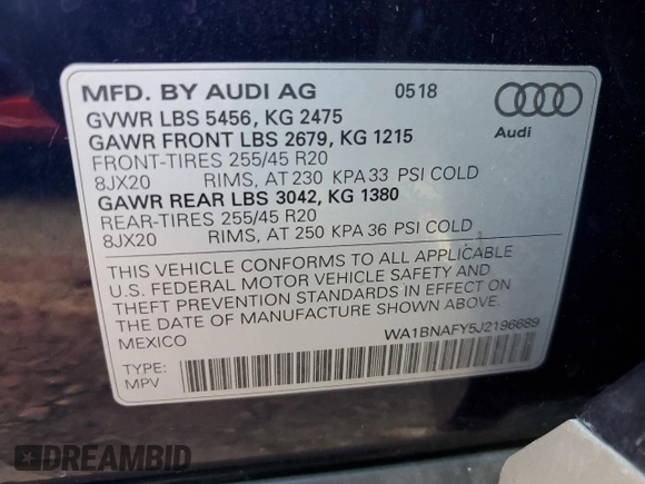 2018 Audi Q5 Premium Plus with VIN WA1BNAFY5J2196689, listed as a Copart auction lot 66144602 with 52,815 mi miles. Bid and sale history available at carsss.com. Image 10.