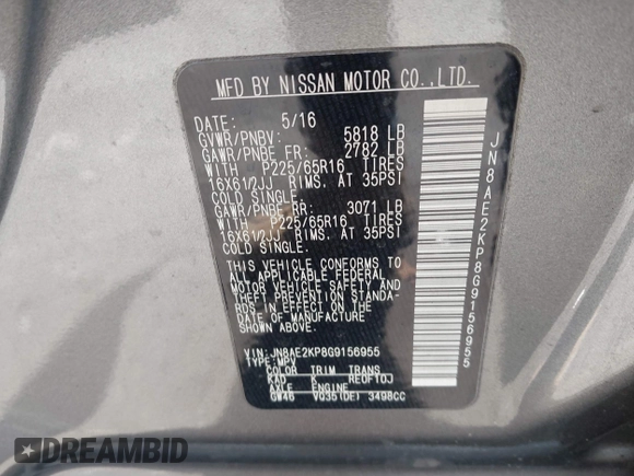2016 Nissan Quest SL with VIN JN8AE2KP8G9156955, listed as a IAAI auction lot 41935685 with 114,981 mi miles and . Bid and sale history available at DreamBid. Image 9.