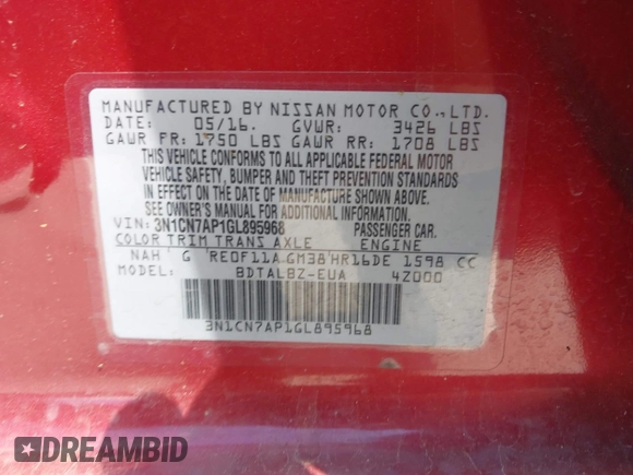 2016 Nissan Versa S Plus with VIN 3N1CN7AP1GL895968, listed as a IAAI auction lot 42233521 with 81,338 mi miles and . Bid and sale history available at DreamBid. Image 9.