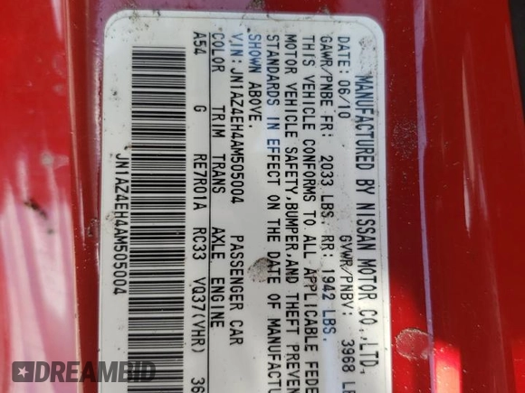 2010 Nissan 370Z Touring with VIN JN1AZ4EH4AM505004, listed as a Copart auction lot 57652374 with 86,689 mi miles and Salvage Title. Bid and sale history available at carsss.com. Image 13.