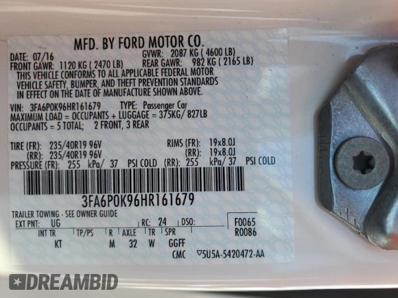2017 Ford Fusion Titanium с VIN 3FA6P0K96HR161679, выставлен на аукционе Copart как лот 61237935 с пробегом 66 680 миль миль и Списание • Salvage title. История ставок и продаж доступна на DreamBid. Изображение 12.