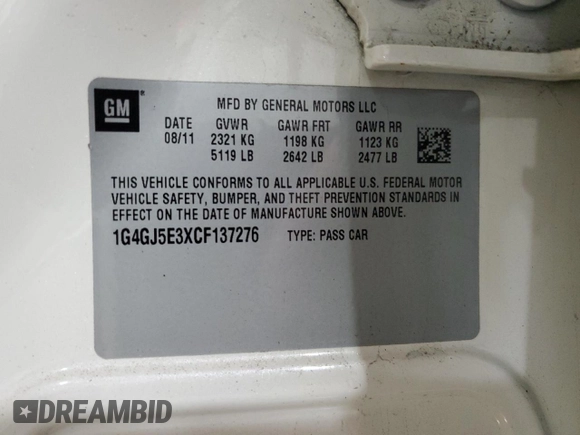 2012 Buick LaCrosse Touring with VIN 1G4GJ5E3XCF137276, listed as a Copart auction lot 51649255 with 102,265 mi miles and Salvage title. Bid and sale history available at DreamBid. Image 12.
