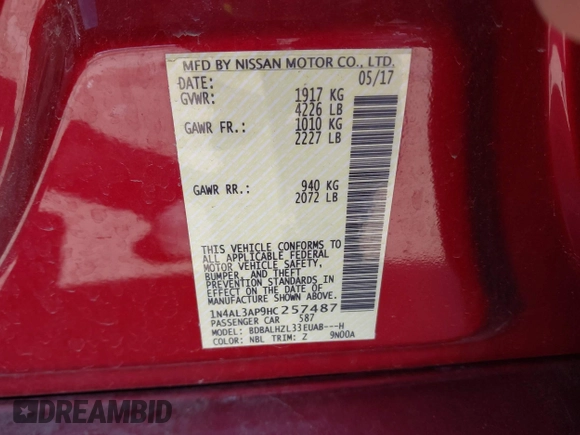 2017 Nissan Altima SV with VIN 1N4AL3AP9HC257487, listed as a IAAI auction lot 42049832 with 38,579 mi miles and . Bid and sale history available at DreamBid. Image 9.