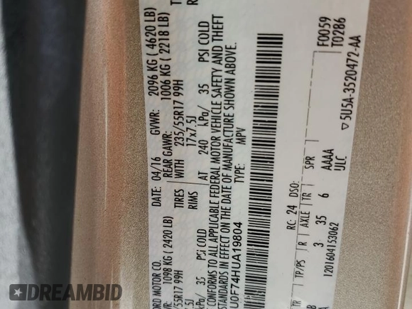 2017 Ford Escape S z VIN 1FMCU0F74HUA19804, wystawiony jako Copart lot #60260425 z przebiegiem 105 587 mil mil oraz Szkoda całkowita • Salvage title. Historia ofert i sprzedaży dostępna na DreamBid. Obrazek 13.