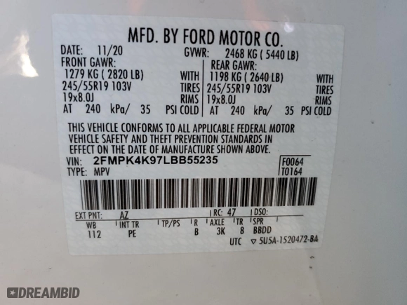 2020 Ford Edge Titanium with VIN 2FMPK4K97LBB55235, listed as a Copart auction lot 47226445 with 46,441 mi miles and Salvage Title. Bid and sale history available at carsss.com. Image 13.