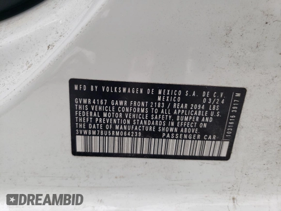 2024 Volkswagen Jetta Sport z VIN 3VWBM7BU5RM064239, wystawiony jako Copart lot #56645935 z przebiegiem 25 067 mil mil oraz Nie do naprawy • Non repairable. Historia ofert i sprzedaży dostępna na DreamBid. Obrazek 13.