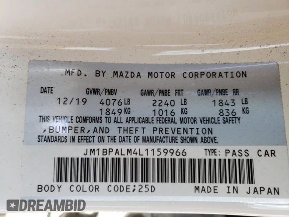 2020 Mazda Mazda3 Hatchback with VIN JM1BPALM4L1159966, listed as a Copart auction lot 42108503 with 54,743 mi miles. Bid and sale history available at carsss.com. Image 12.