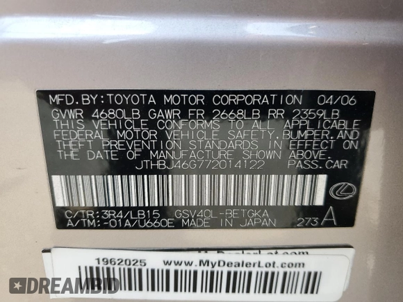 2007 Lexus ES 350 with VIN JTHBJ46G772014122, listed as a Copart auction lot 54010015 with 132,420 mi miles and Salvage Title. Bid and sale history available at carsss.com. Image 13.