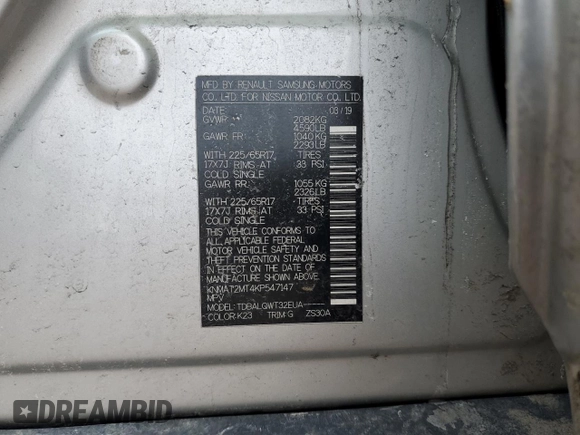 2019 Nissan Rogue SV with VIN KNMAT2MT4KP547147, listed as a Copart auction lot 45005765 with 187,364 mi miles and Salvage Title. Bid and sale history available at DreamBid. Image 15.