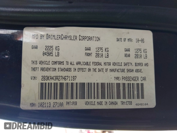 2007 Dodge Charger z VIN 2B3KA43R27H671197, wystawiony jako IAAI lot #42400223 z przebiegiem 180 948 mil mil oraz . Historia ofert i sprzedaży dostępna na DreamBid. Obrazek 9.