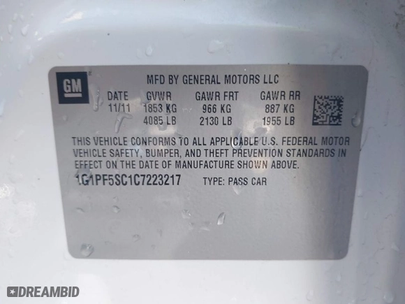 2012 Chevrolet Cruze LT w/1LT with VIN 1G1PF5SC1C7223217, listed as a IAAI auction lot 41976586 with 79,097 mi miles. Bid and sale history available at carsss.com. Image 9.