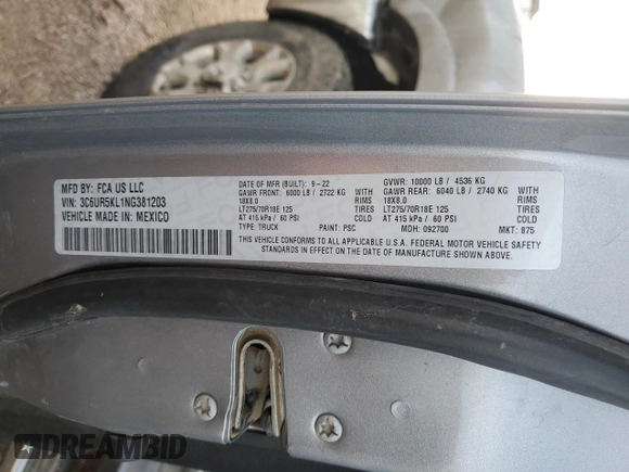 2022 Ram 2500 Laramie with VIN 3C6UR5KL1NG381203, listed as a Copart auction lot 84651604 with 42,195 mi miles and Salvage title. Bid and sale history available at DreamBid. Image 12.
