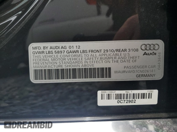 2012 Audi A8 with VIN WAURVAFD7CN026141, listed as a Copart auction lot 49532335 with 201,042 mi miles and Clean Title. Bid and sale history available at DreamBid. Image 12.