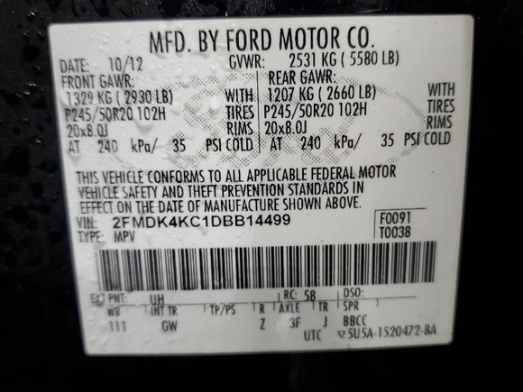 2013 Ford Edge Limited with VIN 2FMDK4KC1DBB14499, listed as a Copart auction lot 49665525 with 238,371 mi miles and Salvage Title. Bid and sale history available at carsss.com. Image 14.
