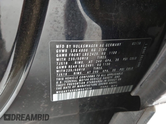 2016 Volkswagen Tiguan R-Line с VIN WVGAV7AX6GW587270, выставлен на аукционе IAAI как лот 42733875 с пробегом Не указан миль и . История ставок и продаж доступна на DreamBid. Изображение 9.