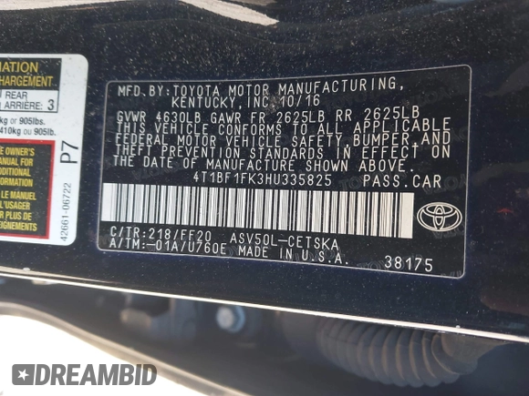 2017 Toyota Camry XLE with VIN 4T1BF1FK3HU335825, listed as a IAAI auction lot 41281060 with 301,204 mi miles and . Bid and sale history available at DreamBid. Image 9.