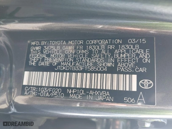 2015 Toyota Prius c One with VIN JTDKDTB33F1585004, listed as a IAAI auction lot 41950129 with 209,233 mi miles. Bid and sale history available at carsss.com. Image 9.