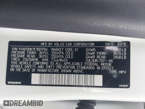 2015 Volvo V60 Cross Country T5 with VIN YV4612HK1F1001764, listed as a IAAI auction lot 41560997 with 69,888 mi miles. Bid and sale history available at carsss.com. Image 9.