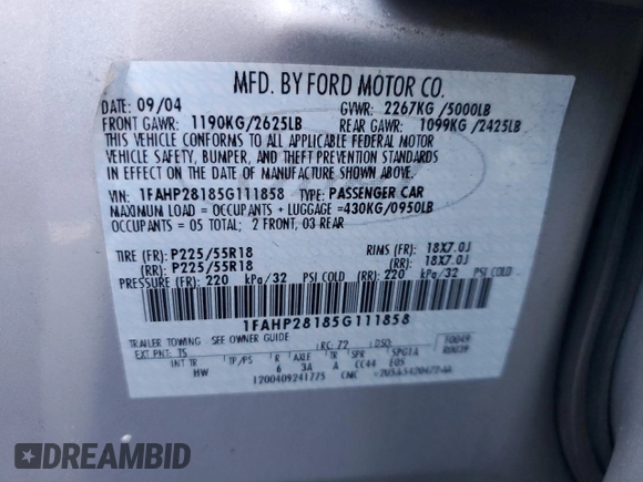 2005 Ford Five Hundred Limited z VIN 1FAHP28185G111858, wystawiony jako Copart lot #51687615 z przebiegiem 83 788 mil mil oraz Szkoda całkowita • Salvage title. Historia ofert i sprzedaży dostępna na DreamBid. Obrazek 14.