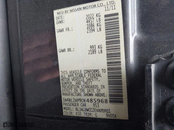 2012 Nissan Altima 3.5 SR with VIN 1N4BL2AP9CN485968, listed as a IAAI auction lot 41634905 with NaN miles. Bid and sale history available at carsss.com. Image 9.