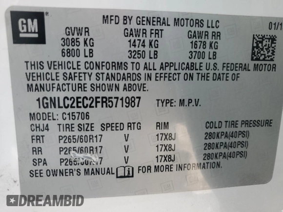 2015 Chevrolet Tahoe Commercial with VIN 1GNLC2EC2FR571987, listed as a Copart auction lot 45346895 with 106,708 mi miles and Salvage title. Bid and sale history available at DreamBid. Image 12.