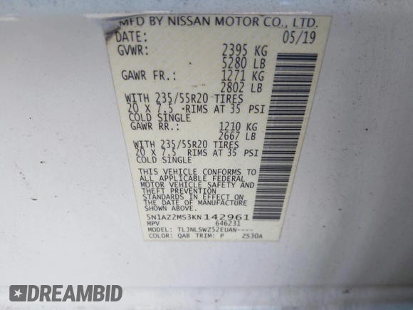 2019 Nissan Murano S with VIN 5N1AZ2MS3KN142961, listed as a IAAI auction lot 37797444 with 50,327 mi miles. Bid and sale history available at carsss.com. Image 9.