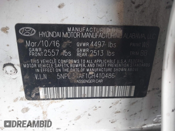 2016 Hyundai Sonata Sport with VIN 5NPE34AF1GH410486, listed as a IAAI auction lot 41808094 with 71,538 mi miles and . Bid and sale history available at DreamBid. Image 9.